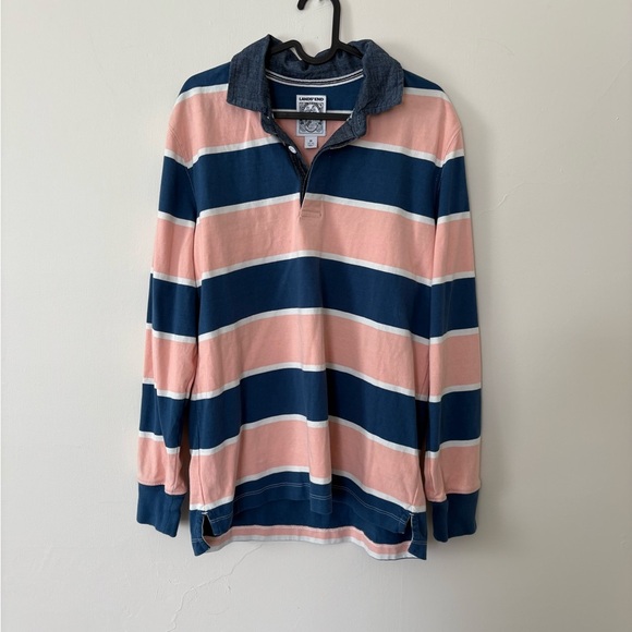 Land's End Striped Pink and Blue Rugby Sleeve Polo Shirt - Size Medium - Picture 1 of 4